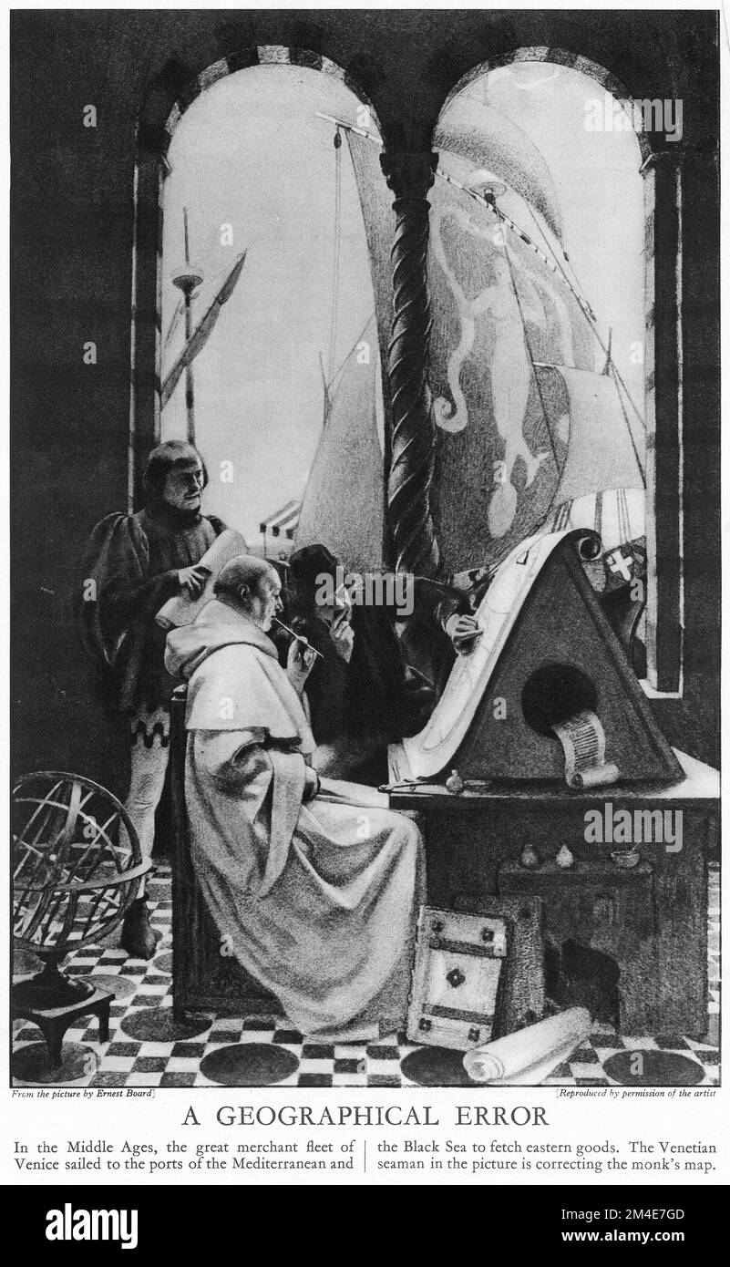 Halftone of a Venetian sailor helping a monk to correct a geographical on his map, from an educational publication in 1927. Stock Photo