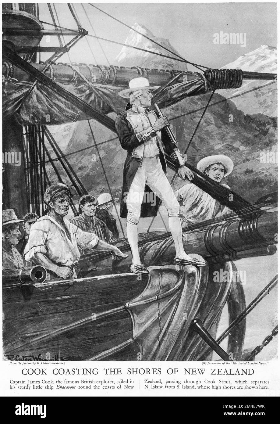 Halftone of Captain James Cook coasting the shores of New Zealand, wearing a very fanciful hat! From an educational publication in 1927. Cook made three visits to New Zealand in the 1700s Stock Photo