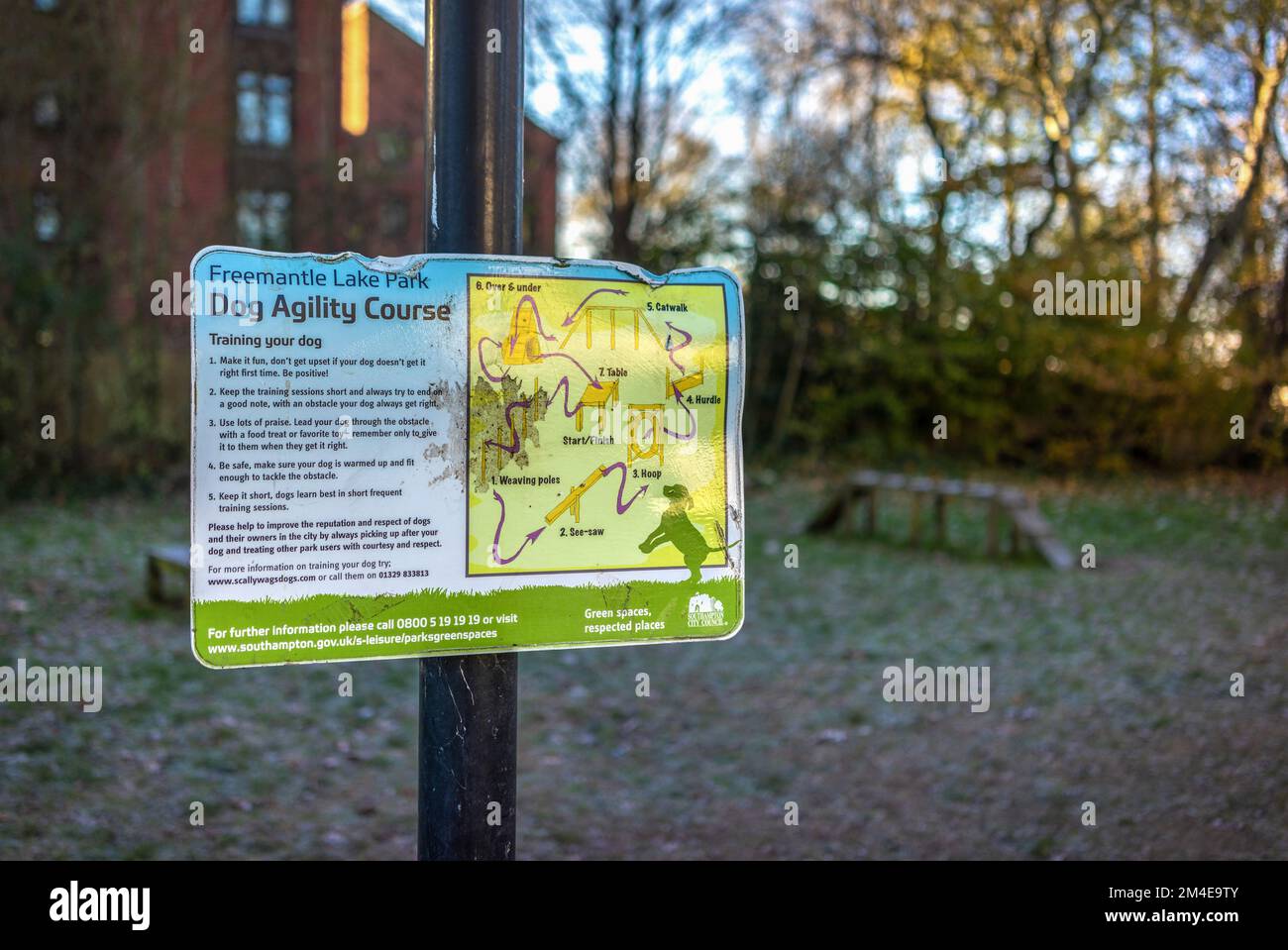 Dog agility course sign, England, UK Stock Photo
