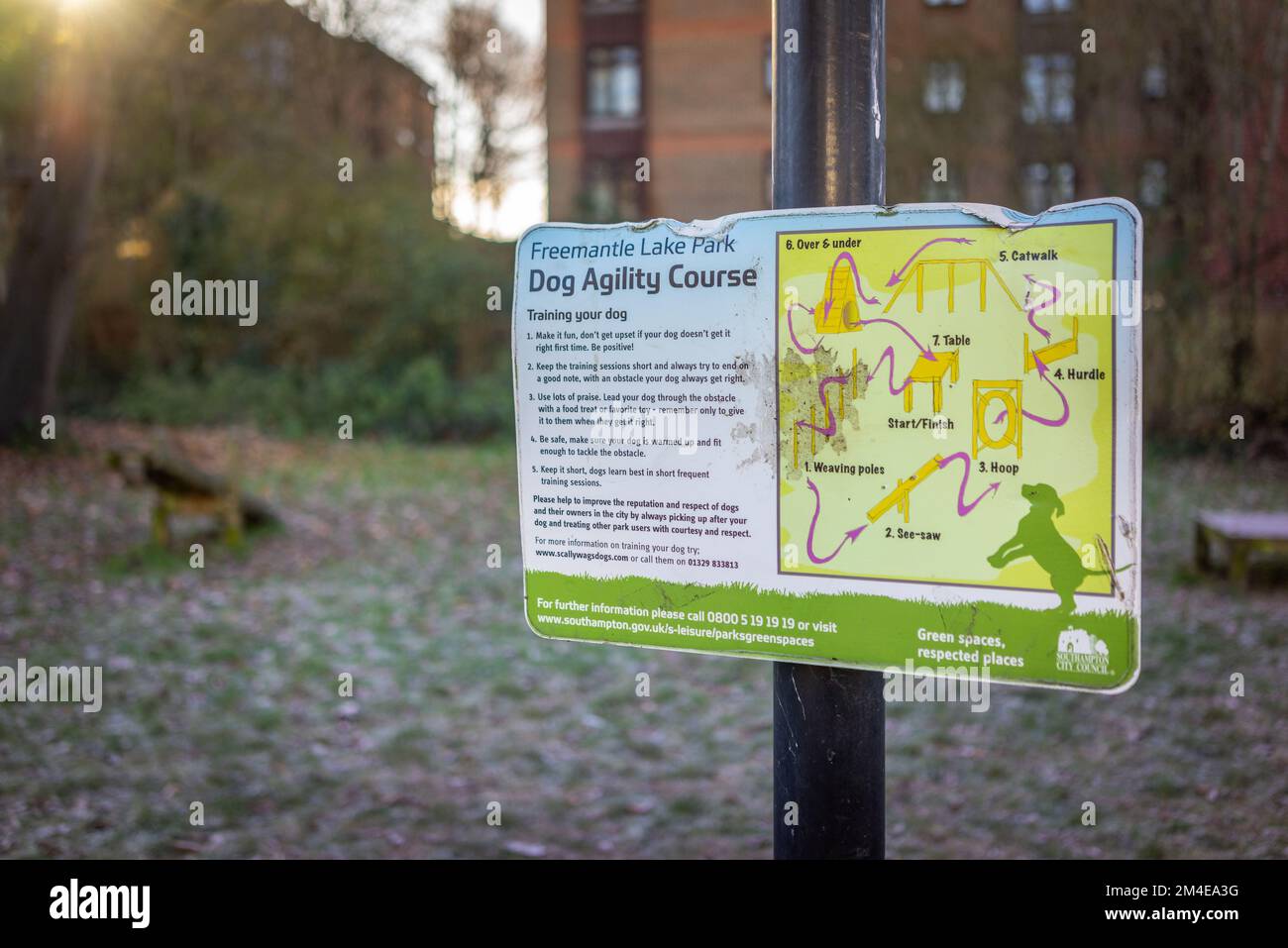 Dog agility course sign, England, UK Stock Photo