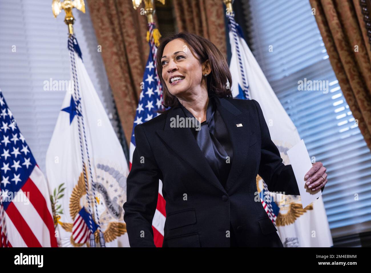 Washington, United States. 20th Dec, 2022. US Vice President Kamala Harris prepares to swear in Sandra Thompson (not pictured) as Director of the Federal Housing Agency in the Eisenhower Executive Office Building in Washington, DC, on Tuesday, December 20, 2022. Photo by Jim Lo Scalzo/UPI Credit: UPI/Alamy Live News Stock Photo