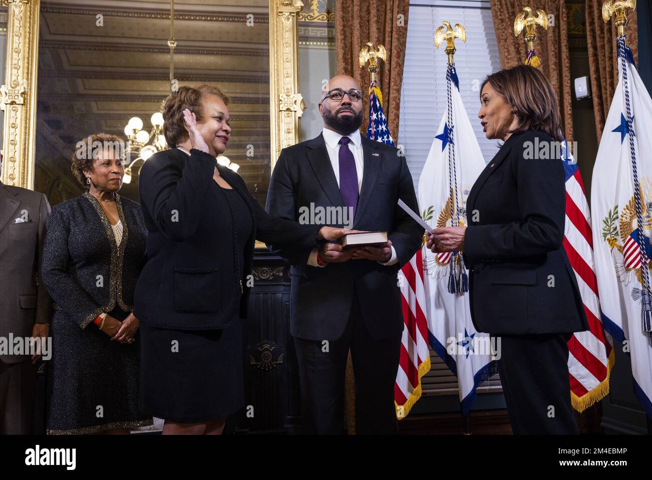 Washington, United States. 20th Dec, 2022. US Vice President Kamala Harris (R) ceremonially swears in Sandra Thompson (C-L) as Director of the Federal Housing Agency in the Eisenhower Executive Office Building in Washington, DC, on Tuesday, December 20, 2022. Photo by Jim Lo Scalzo/UPI Credit: UPI/Alamy Live News Stock Photo