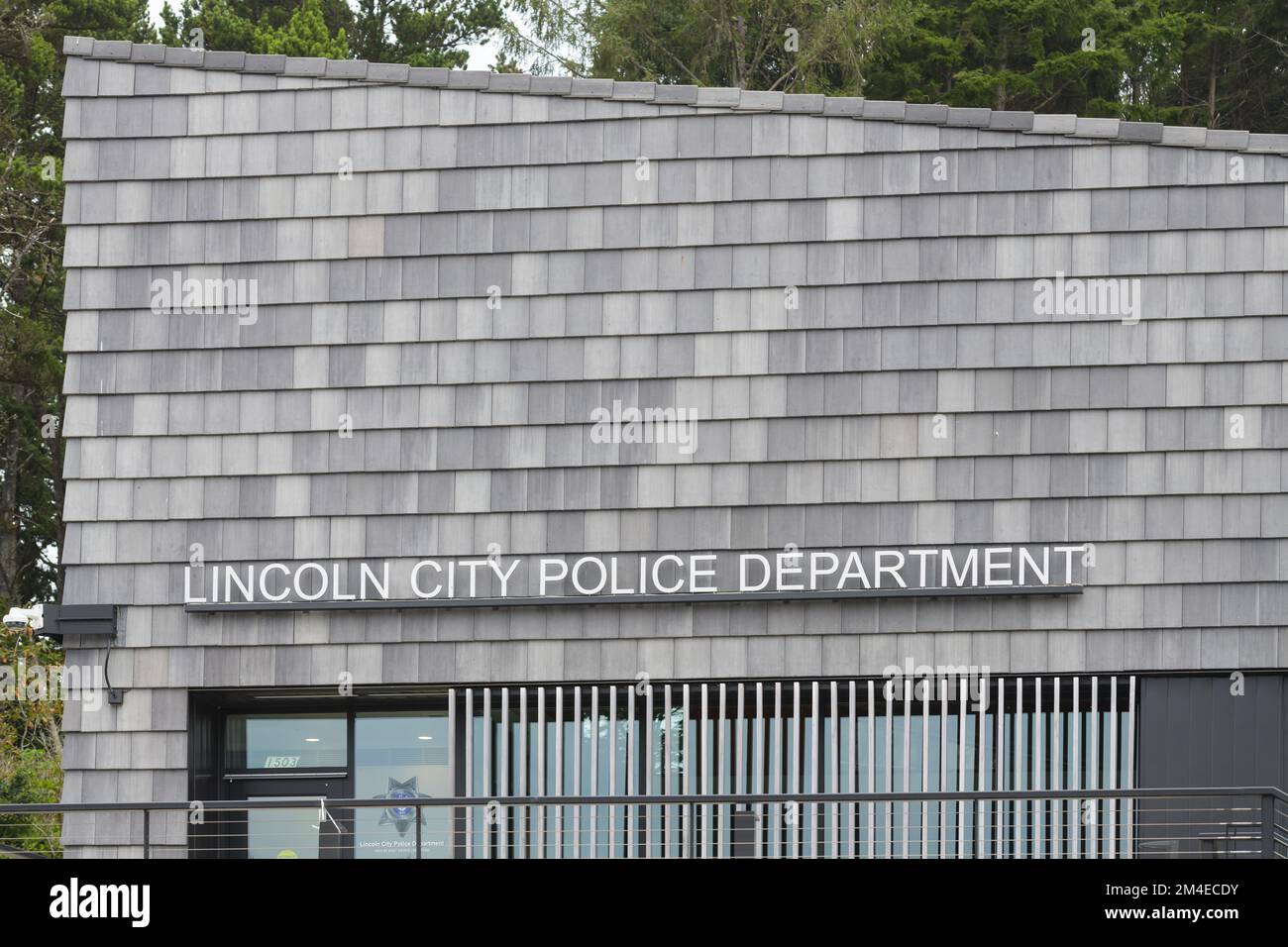 Lincoln City, OR, USA - September 15, 2022; Name on side of Lincoln City Police Department building in the Oregon coast city Stock Photo