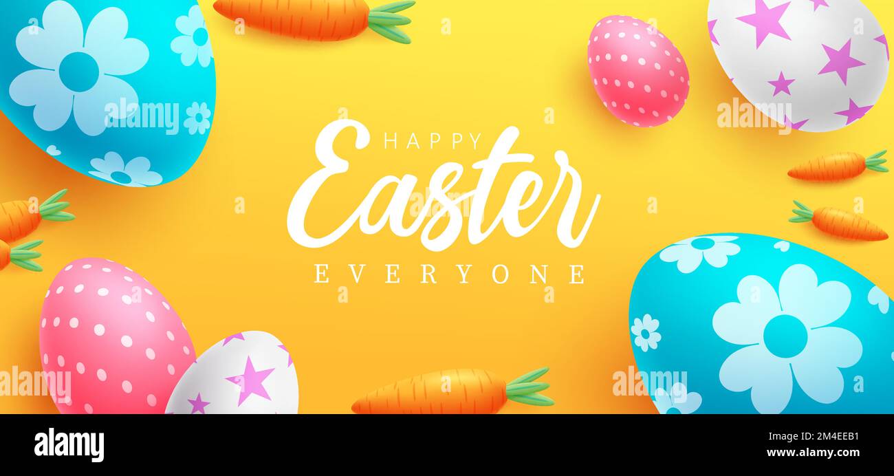 Happy easter eggs vector design. Easter greeting text with pattern egg decoration elements for holiday celebration background. Vector Illustration. Stock Vector
