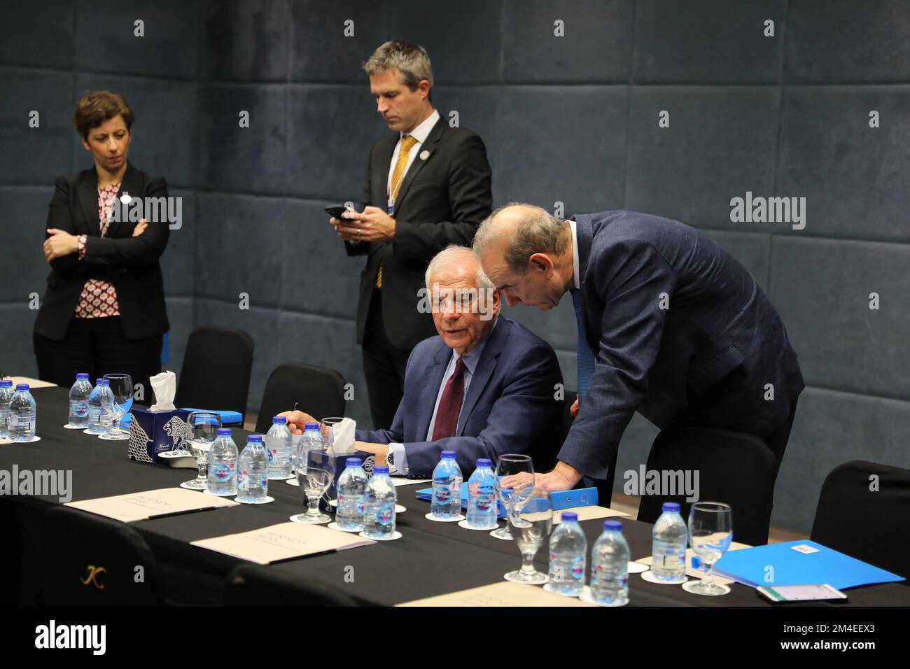 Iranian Foreign Minister Hossein Amir-Abdollahian (not seen) meets with European Union (EU) Foreign Policy Chief Josep Borrell (2nd R) ahead of the second Baghdad conference in Sweimeh by the Dead Sea shore in central-west Jordan on December 20, 2022. Borrell twitted after his meeting with Amir-Abdollahian that, it was a necessary' talk amid 'deteriorating Iran-EU relations, he added, stressed need to immediately stop military support to Russia and internal repression in Iran, adding that, the two sides agreed to keep talking with the aim of restoring the Joint Comprehensive Plan of Action (J Stock Photo