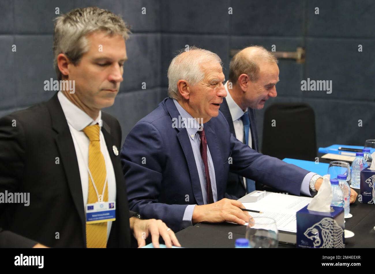 Iranian Foreign Minister Hossein Amir-Abdollahian (not seen) meets with European Union (EU) Foreign Policy Chief Josep Borrell (2nd L) ahead of the second Baghdad conference in Sweimeh by the Dead Sea shore in central-west Jordan on December 20, 2022. Borrell twitted after his meeting with Amir-Abdollahian that, it was a necessary' talk amid 'deteriorating Iran-EU relations, he added, stressed need to immediately stop military support to Russia and internal repression in Iran, adding that, the two sides agreed to keep talking with the aim of restoring the Joint Comprehensive Plan of Action (J Stock Photo