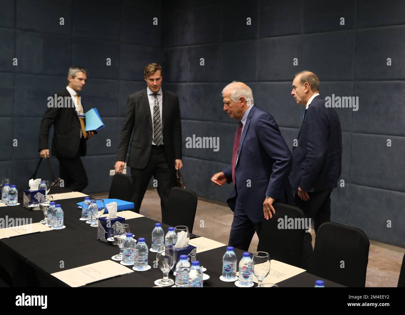 Iranian Foreign Minister Hossein Amir-Abdollahian (not seen) meets with European Union (EU) Foreign Policy Chief Josep Borrell (2nd R) ahead of the second Baghdad conference in Sweimeh by the Dead Sea shore in central-west Jordan on December 20, 2022. Borrell twitted after his meeting with Amir-Abdollahian that, it was a necessary' talk amid 'deteriorating Iran-EU relations, he added, stressed need to immediately stop military support to Russia and internal repression in Iran, adding that, the two sides agreed to keep talking with the aim of restoring the Joint Comprehensive Plan of Action (J Stock Photo