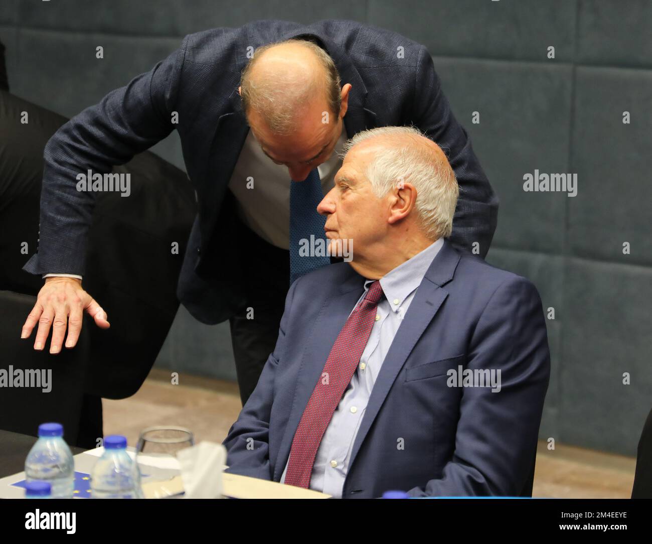 Iranian Foreign Minister Hossein Amir-Abdollahian (not seen) meets with European Union (EU) Foreign Policy Chief Josep Borrell (R) ahead of the second Baghdad conference in Sweimeh by the Dead Sea shore in central-west Jordan on December 20, 2022. Borrell twitted after his meeting with Amir-Abdollahian that, it was a necessary' talk amid 'deteriorating Iran-EU relations, he added, stressed need to immediately stop military support to Russia and internal repression in Iran, adding that, the two sides agreed to keep talking with the aim of restoring the Joint Comprehensive Plan of Action (JCPOA Stock Photo