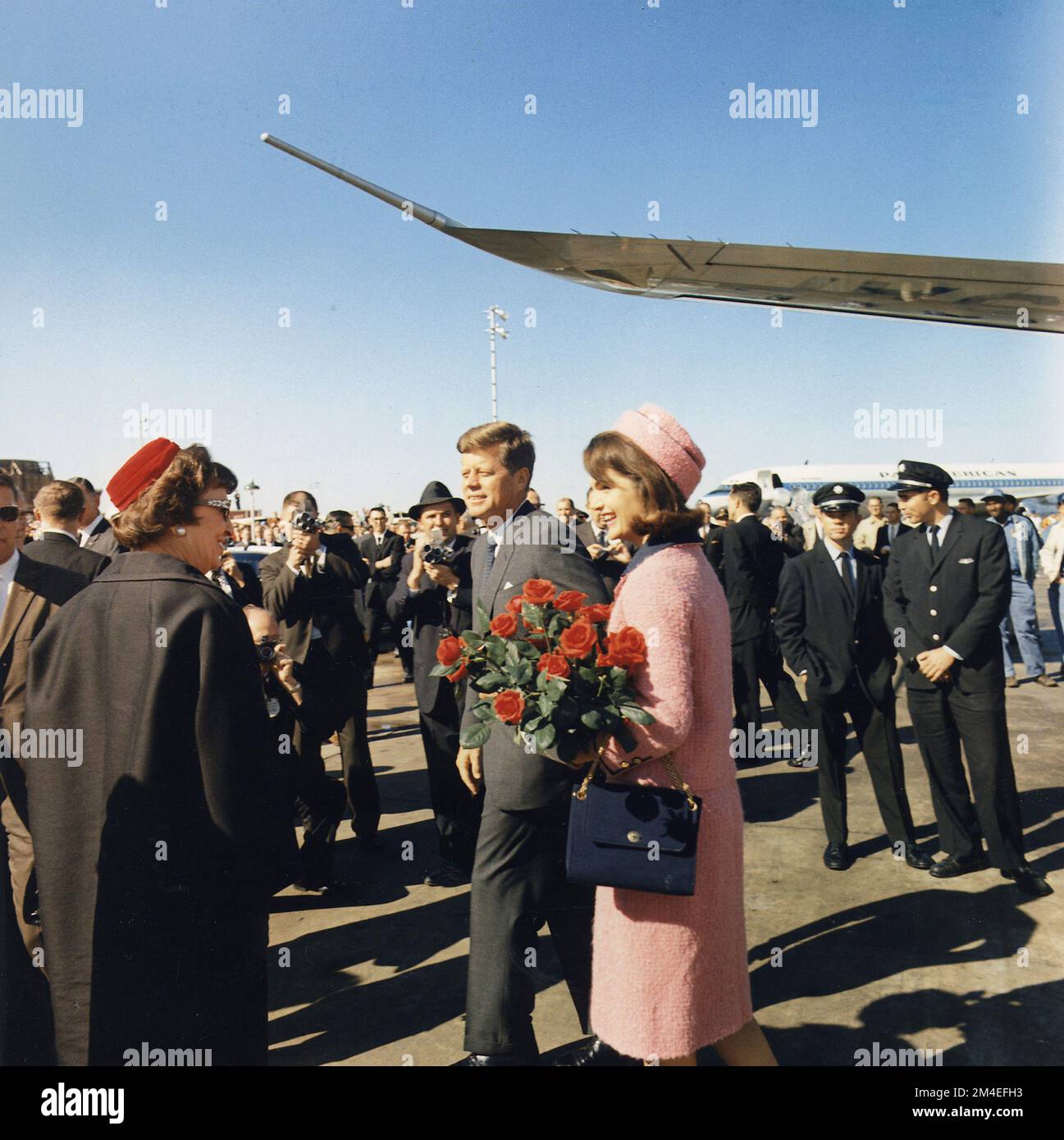 US President JOHN F President and his wife and First Lady Jackie  Kennedy arrive at Dallas Love Field. Stock Photo