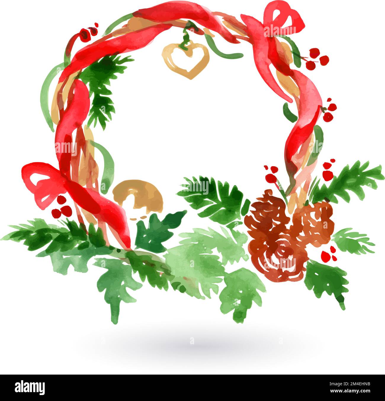 Watercolor Illustration of Christmas Pine Tree Wreath with Red Ribbon ...