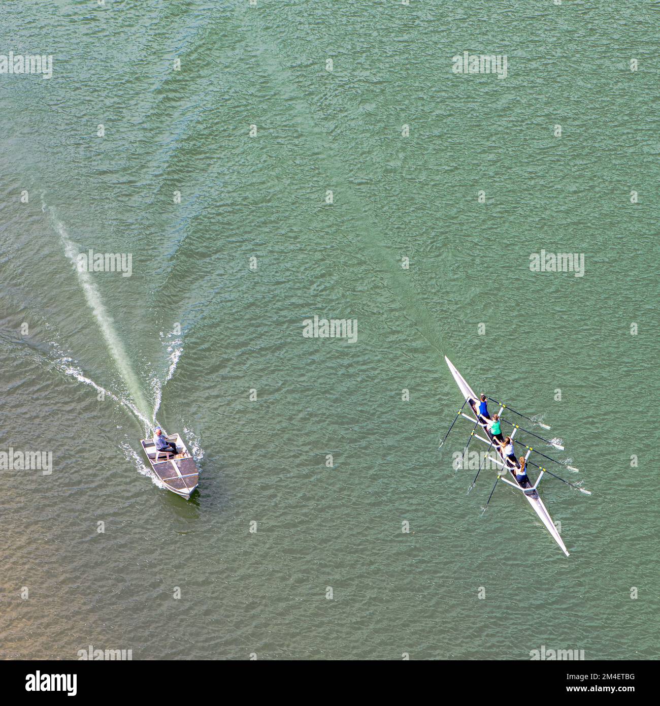An aerial view of a boat and kayakers in the green water Stock Photo ...