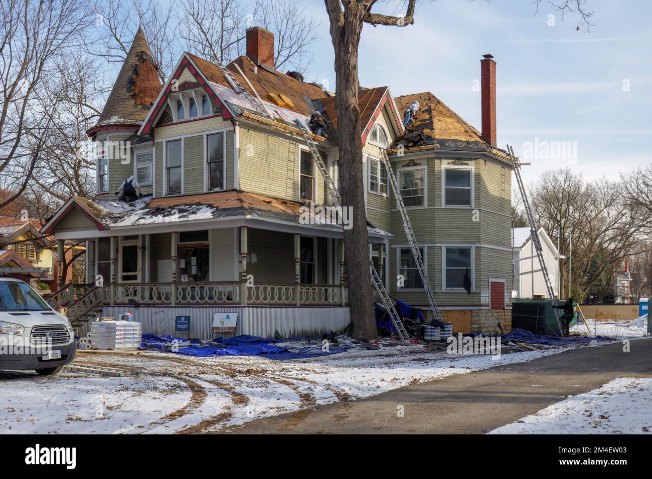 Roof replacement on Victorian house. Historic District, Oak Park, Illinois. Stock Photo