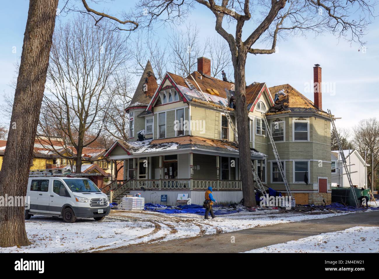 Roof replacement on Victorian house. Historic District, Oak Park, Illinois. Stock Photo
