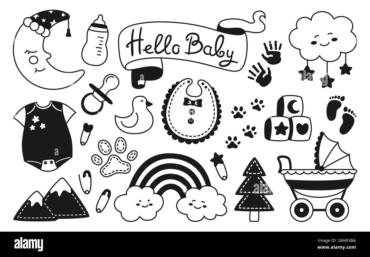 Baby newborn nursery objects linear stamp glyph set. Birthday child memory scrapbook kit. Kids symbol and icon accessory collection. Hand drawn decoration cute rainbow moon, cloud, nipple, footprint Stock Vector