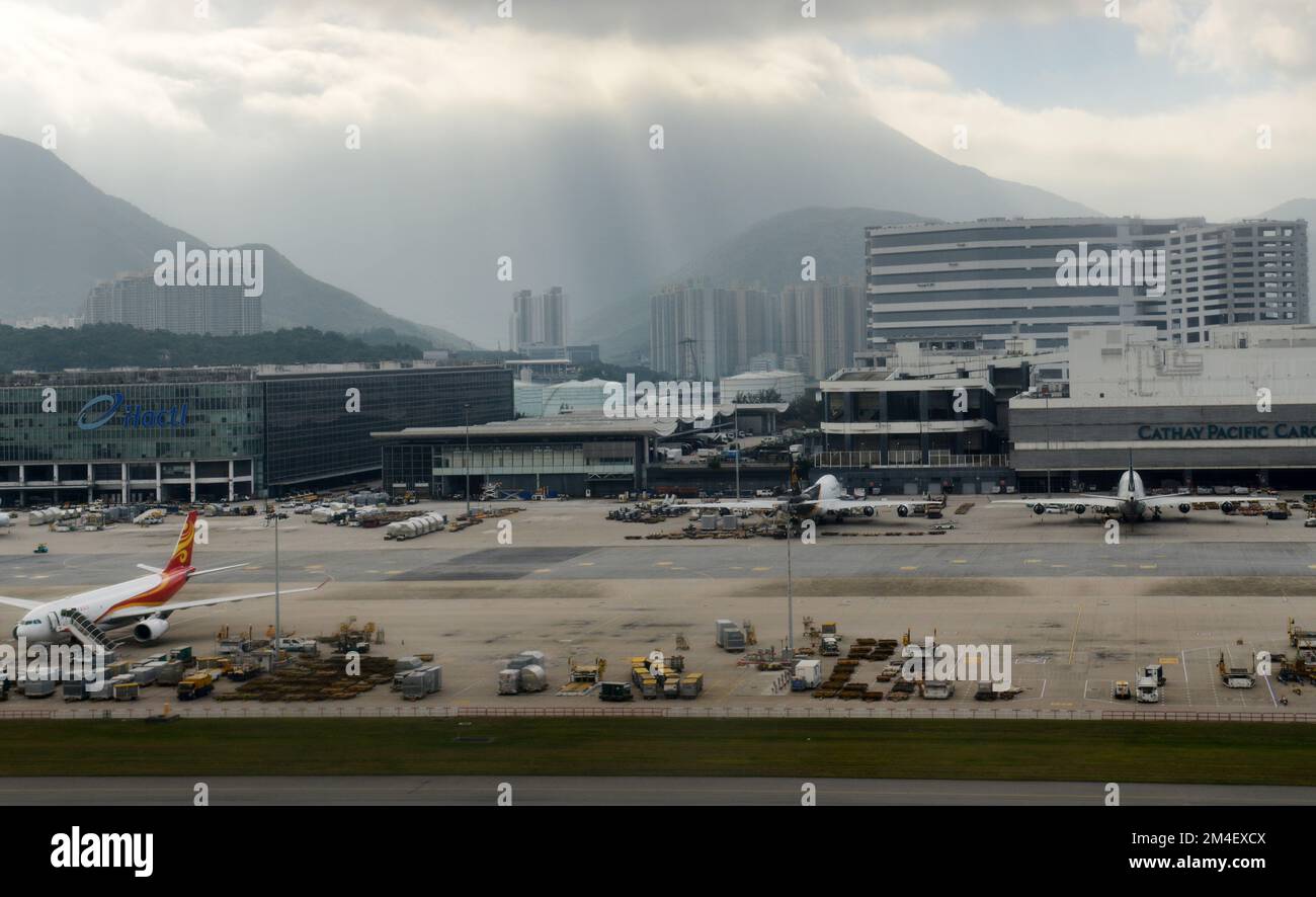 Aerial view of Hong Kong International airport in Hong Kong. Stock Photo