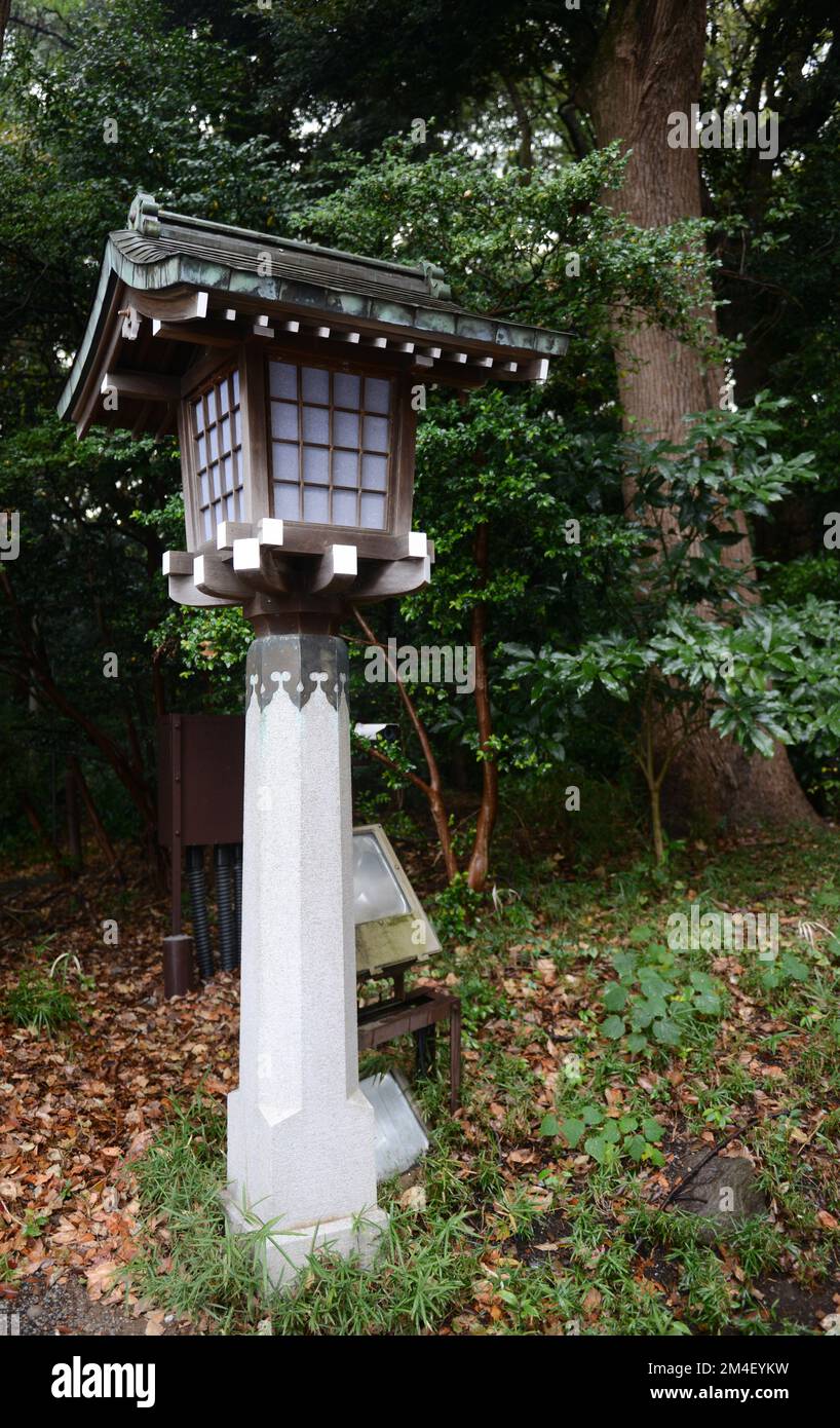 Traditional Japanese light on the pathway leading to the Meiji Shrine