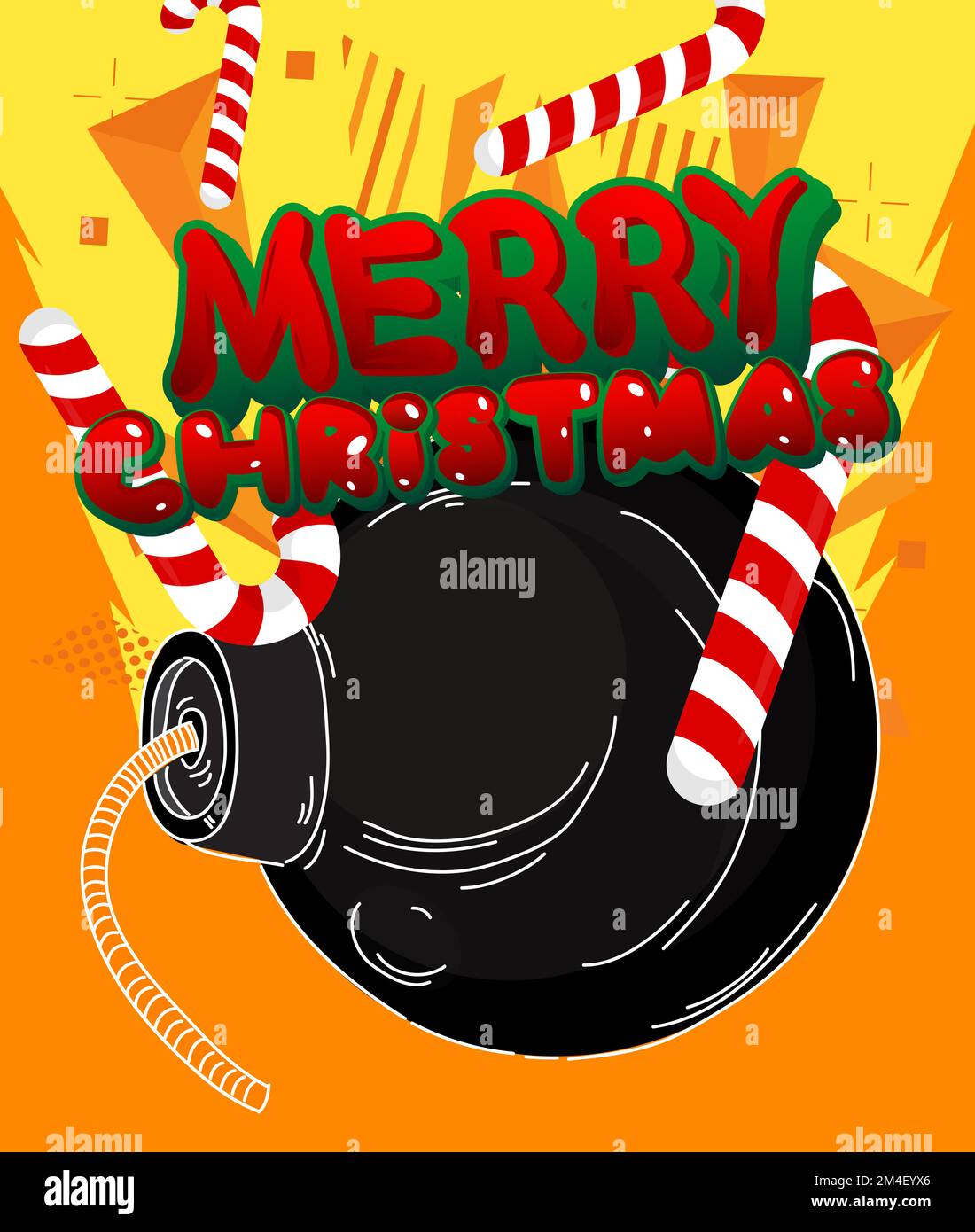 Merry Christmas text with black Bomb. Cartoon Vector Illutration. Stock Vector