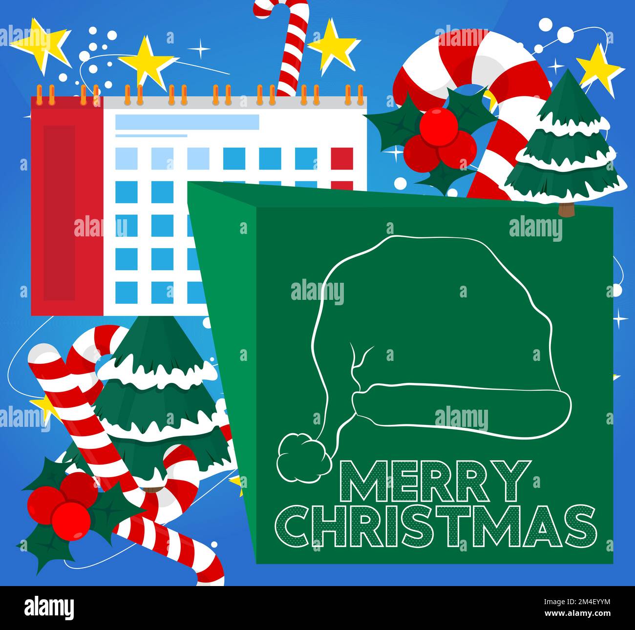 Merry Christmas text with Calendar. Cartoon vector illustration. Stock Vector