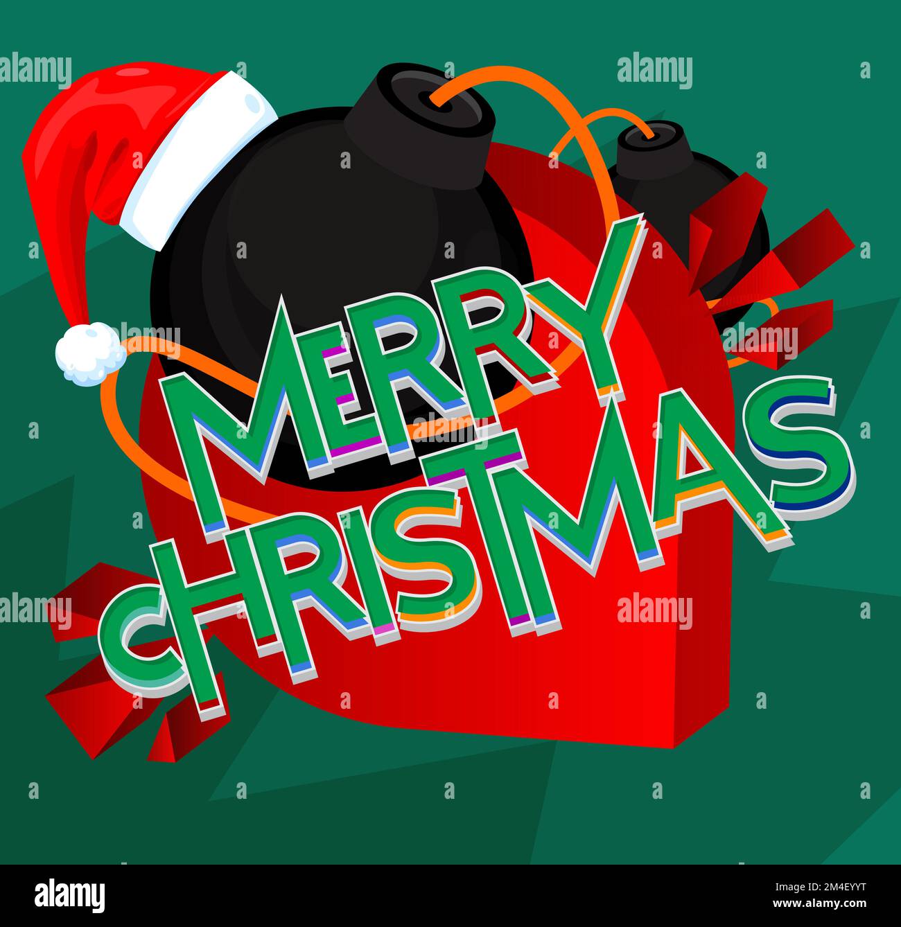 Merry Christmas text with black Bomb. Cartoon Vector Illutration. Stock Vector