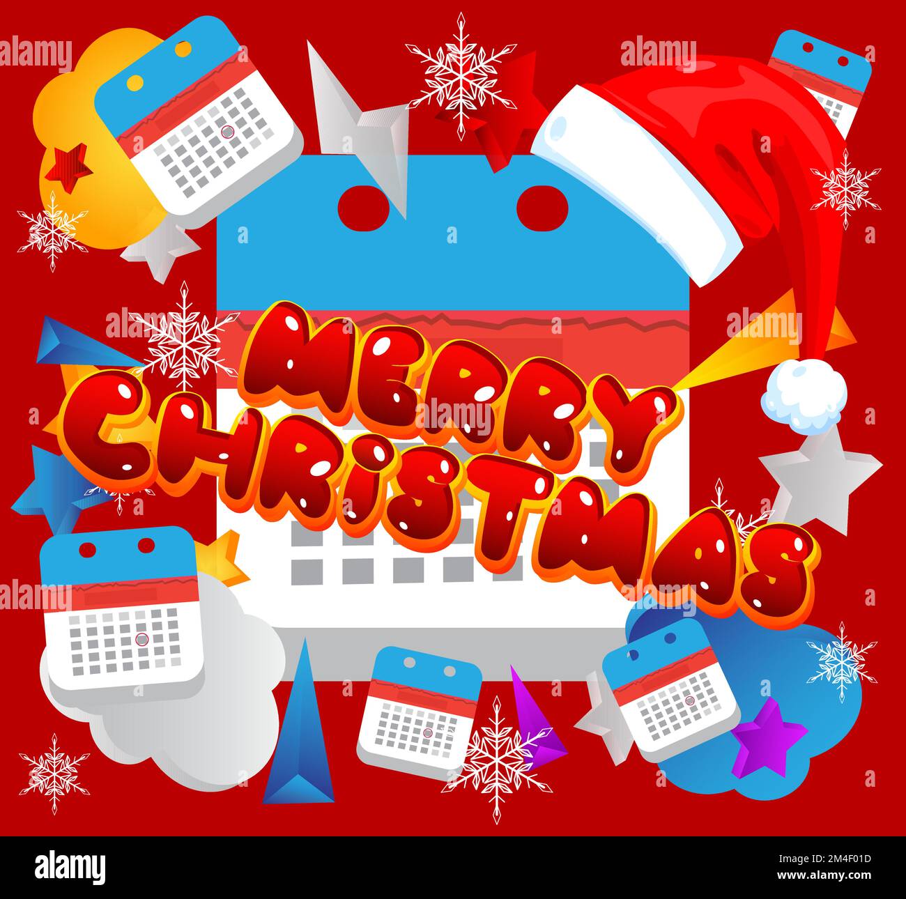 Merry Christmas text with Calendar. Cartoon vector illustration. Stock Vector