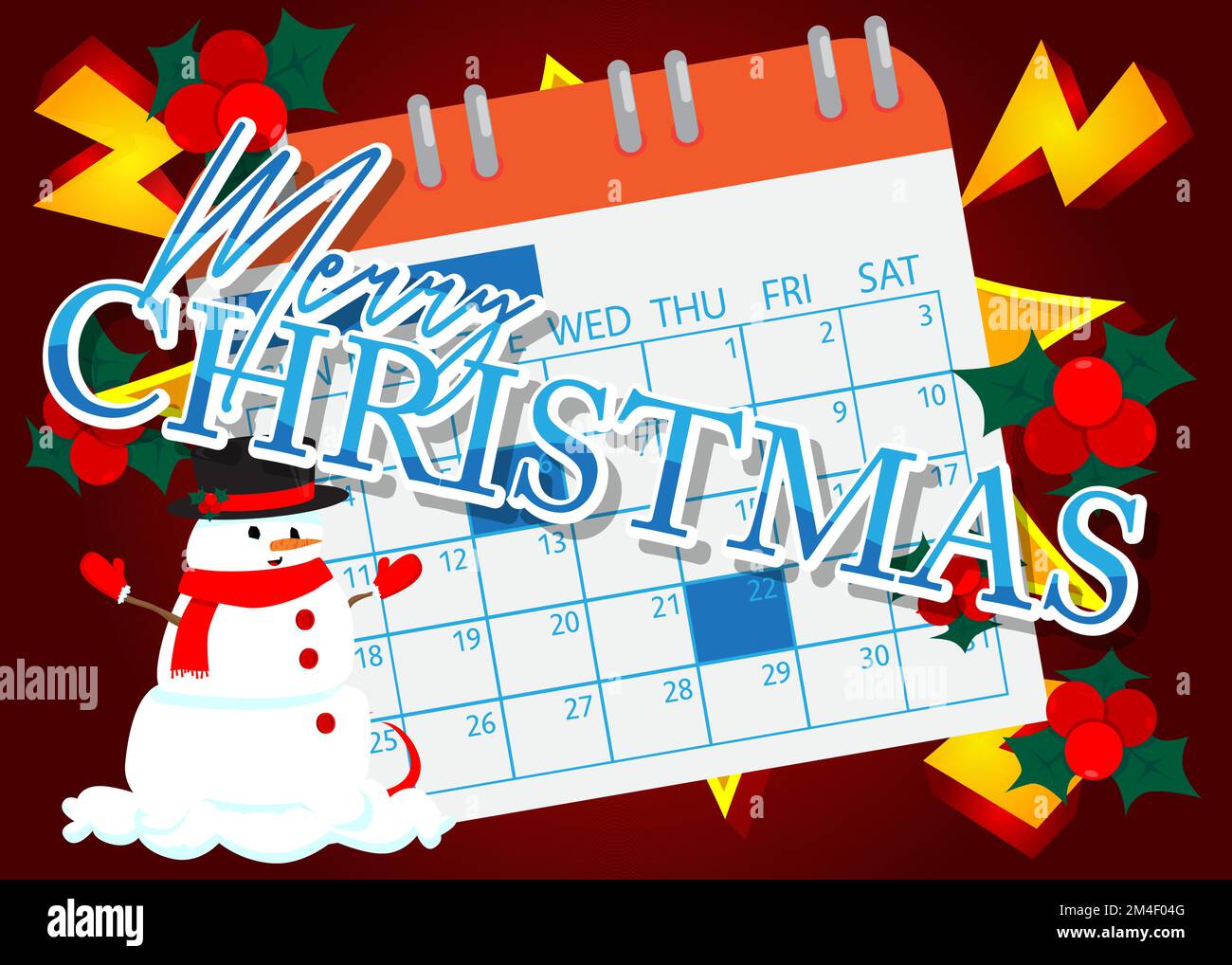 Merry Christmas text with Calendar. Cartoon vector illustration. Stock Vector