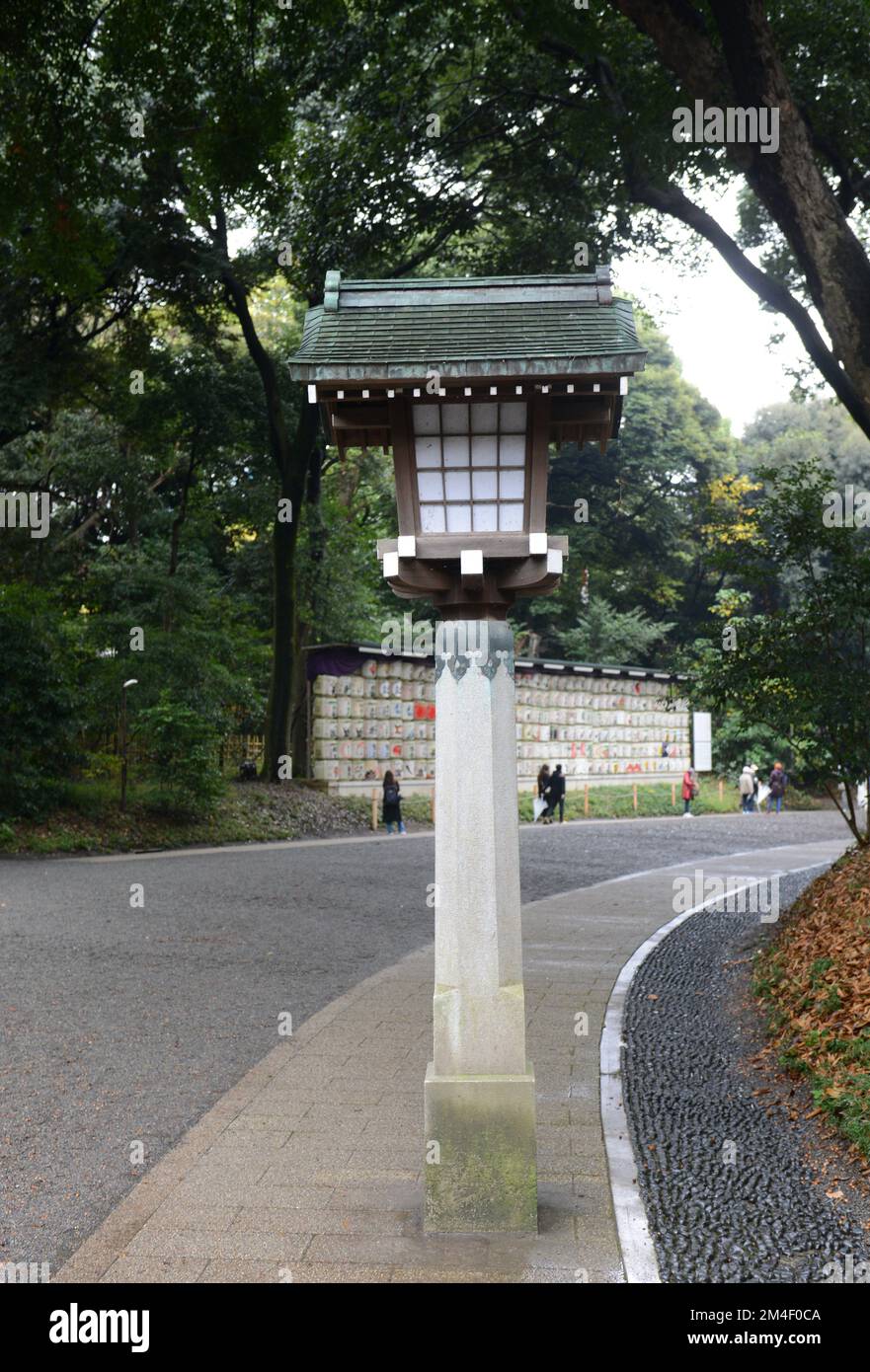 Traditional Japanese light on the pathway leading to the Meiji Shrine