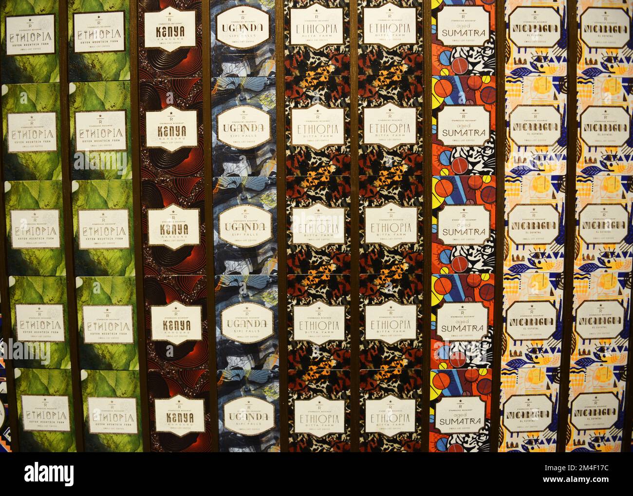 Starbucks Reserve coffee labels at the Starbucks Reserve coffee shop in