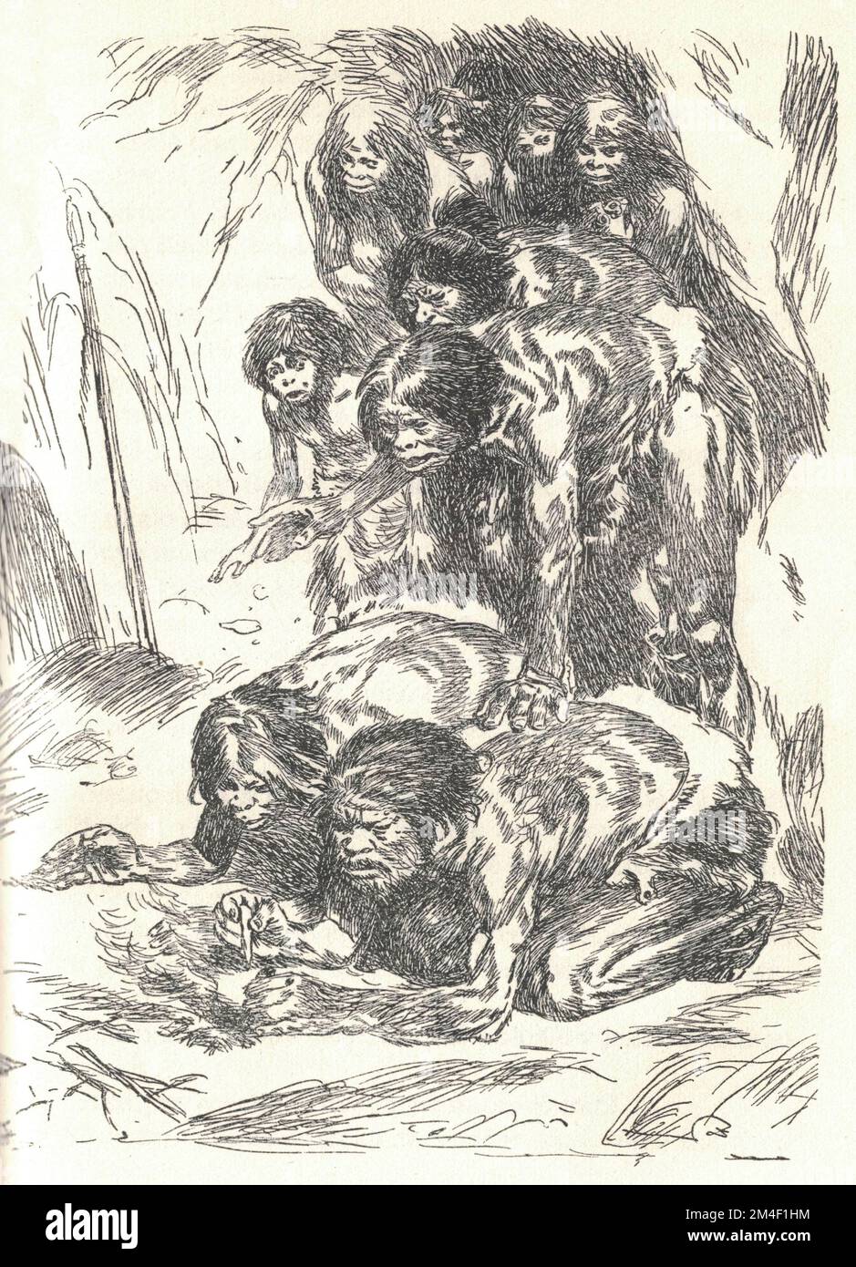 Neanderthals trying to start a fire. Depiction of a prehistoric culture. Old black and white illustration. Vintage drawing. Illustration by Zdenek Burian. Zdenek Michael Frantisek Burian (11 February 1905 in Koprivnice, Moravia, Austria-Hungary 1 July 1981 in Prague, Czechoslovakia) was a Czech painter, book illustrator and palaeoartist whose work played a central role in the development of palaeontological reconstruction. Originally recognised only in his native Czechoslovakia, Burian's fame later spread to an international audience during a remarkable career spanning six decades (1930s to 19 Stock Photo