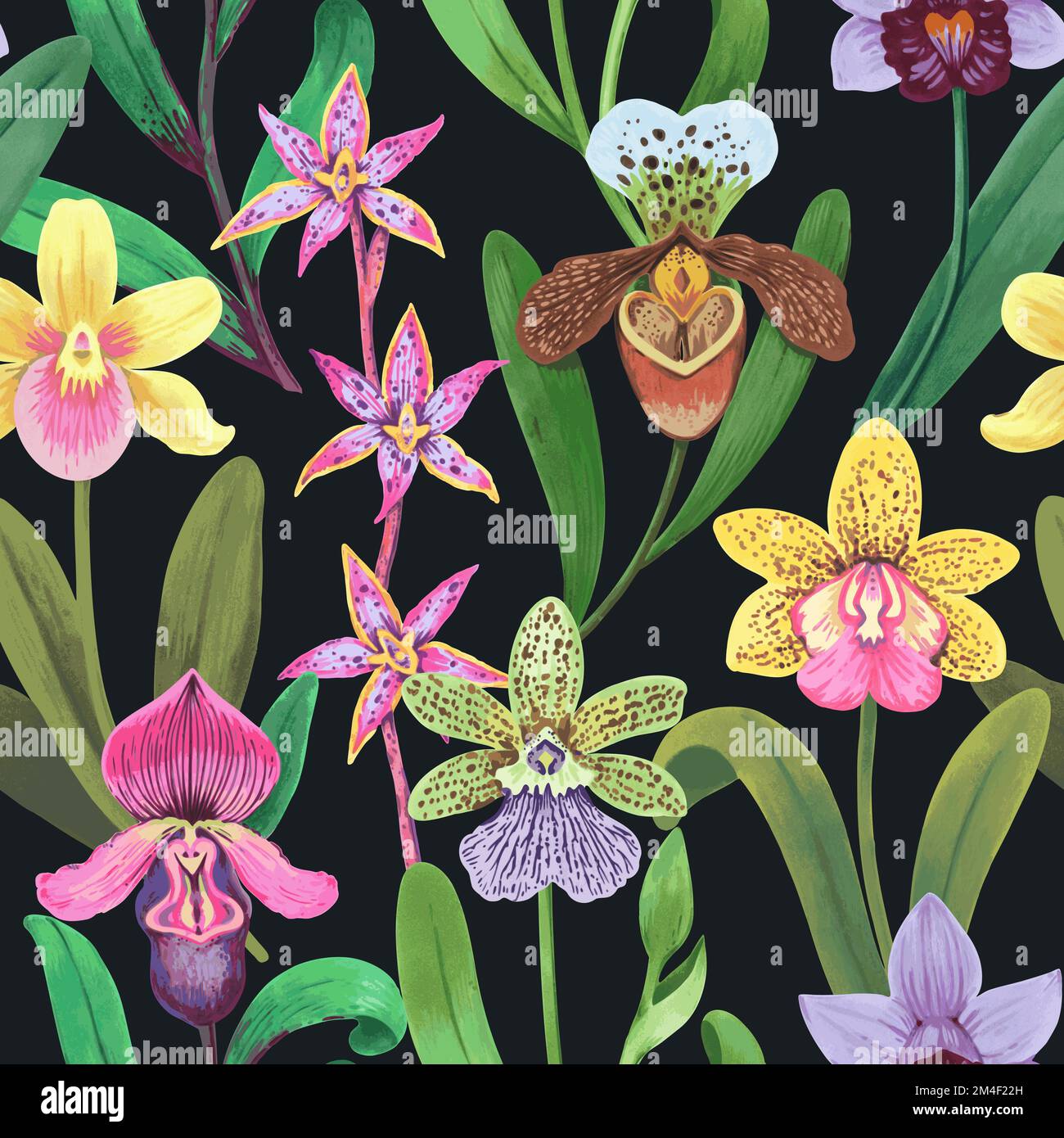 Vector seamless pattern with colorful psychedelic orchid flowers. Hand ...