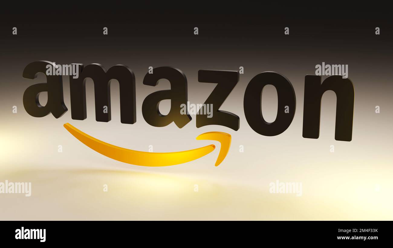 Amazon logo and font in isometric view on dark background. 3D render. Stock Photo