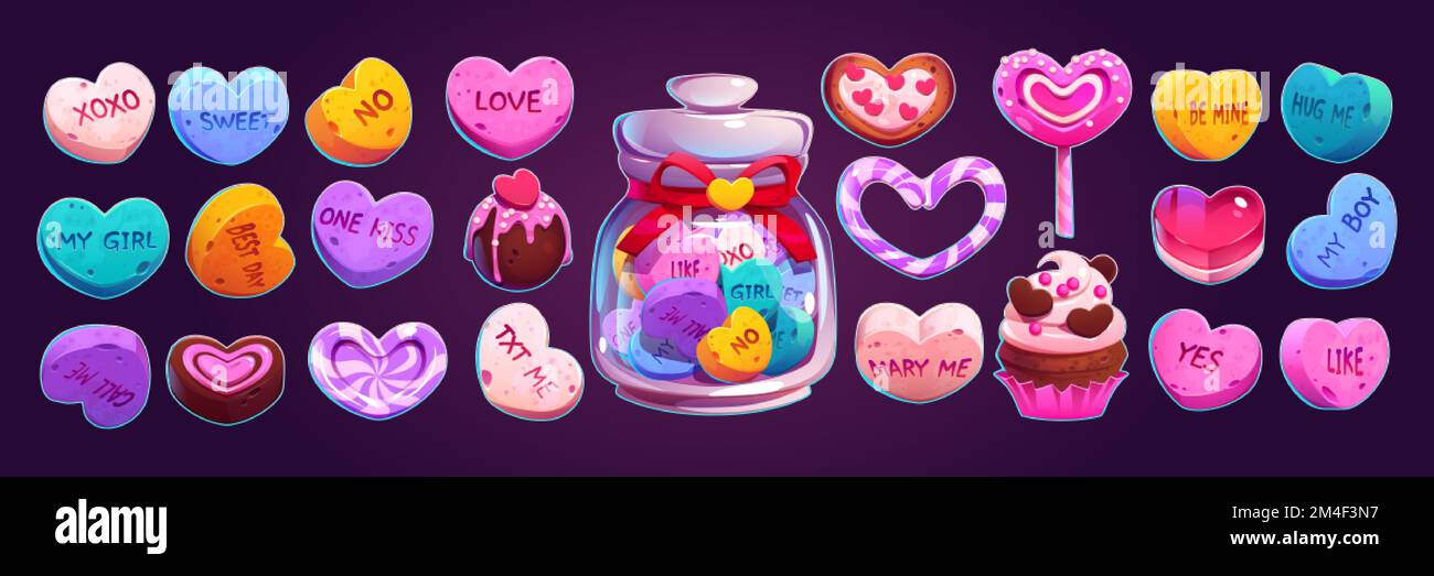 Candy hearts, Valentines day sweets in shape of love symbol. Cute