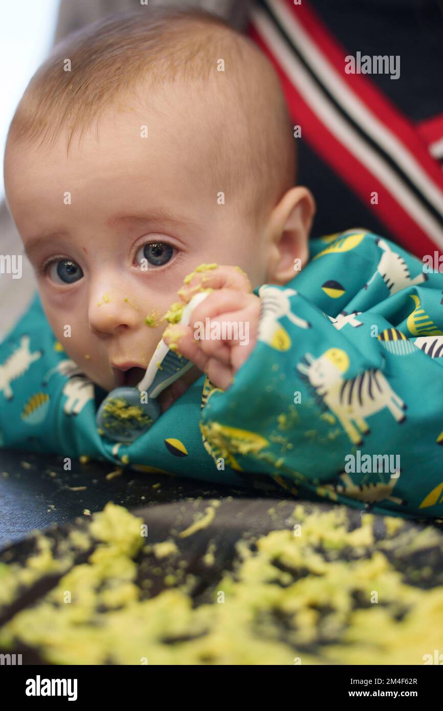 Baby making a mess while self feeding with spoon Stock Photo