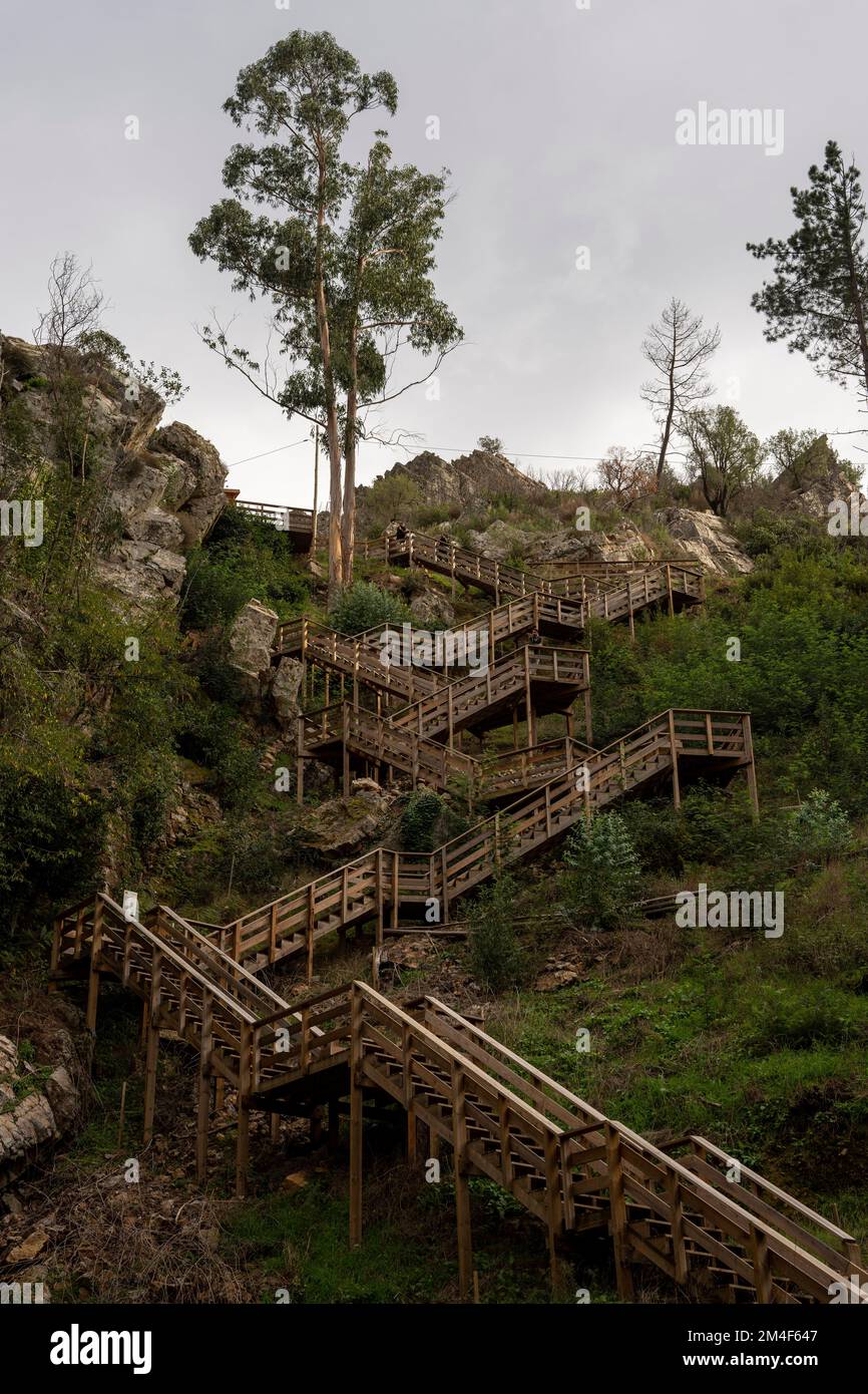 Wood walkway near the Cascata da Fraga D’ Alta waterfall in Orvalho, Portugal, Europe Stock Photo