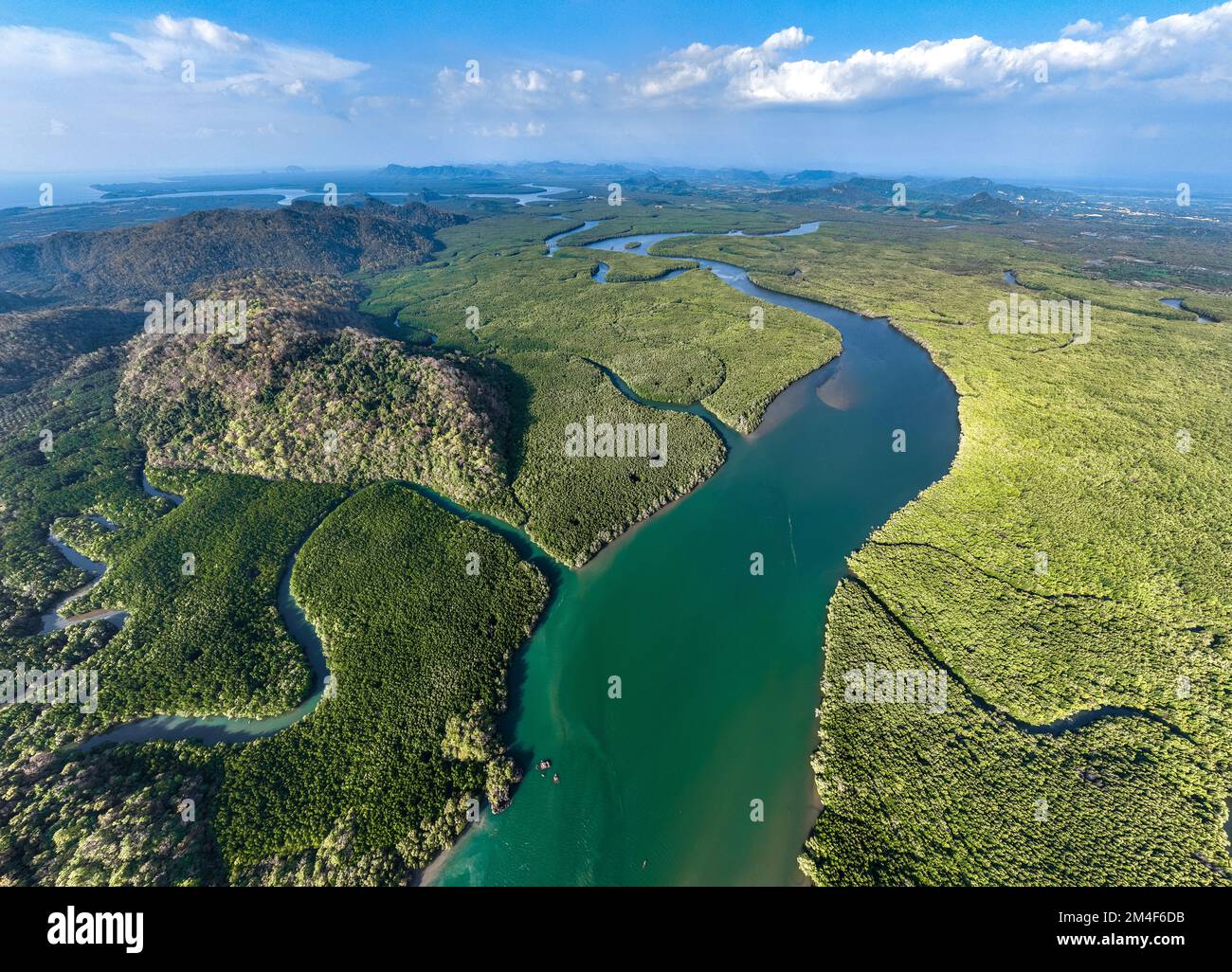 Aerial view of Bo Chet Luk port Harbour with long tail boats, in Satun
