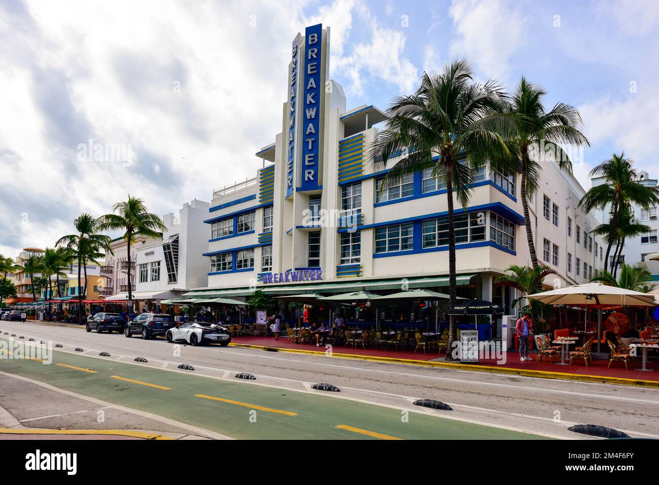 Street scene in front of the Breakwater Hotel, a historic Art Deco in South Beach, Miami, Florida. Stock Photo