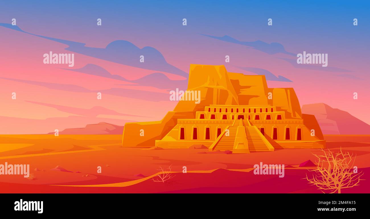 Egypt mortuary temple of queen Hatshepsut in Deir al-Bahri, world famous Egyptian landmark in desert landscape with tumbleweeds. Tourist attraction architecture building, Cartoon vector illustration Stock Vector