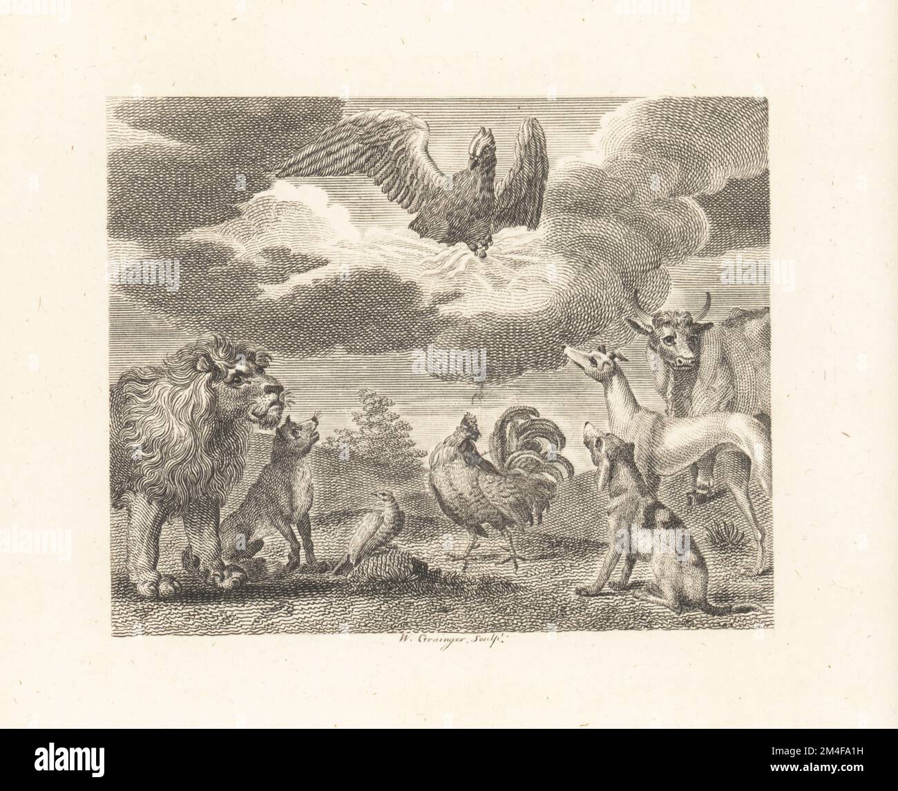 The Eagle and the Assembly of Animals. The eagle of Jove appears in a cloud above a group of envious animals including lion, fox, rooster, pigeon, cow, greyhound and hound. Copperplate engraving by William Grainger after an illustration by John Wootton from Fables by John Gay, with a Life of the Author, John Stockdale, London, 1793. Stock Photo