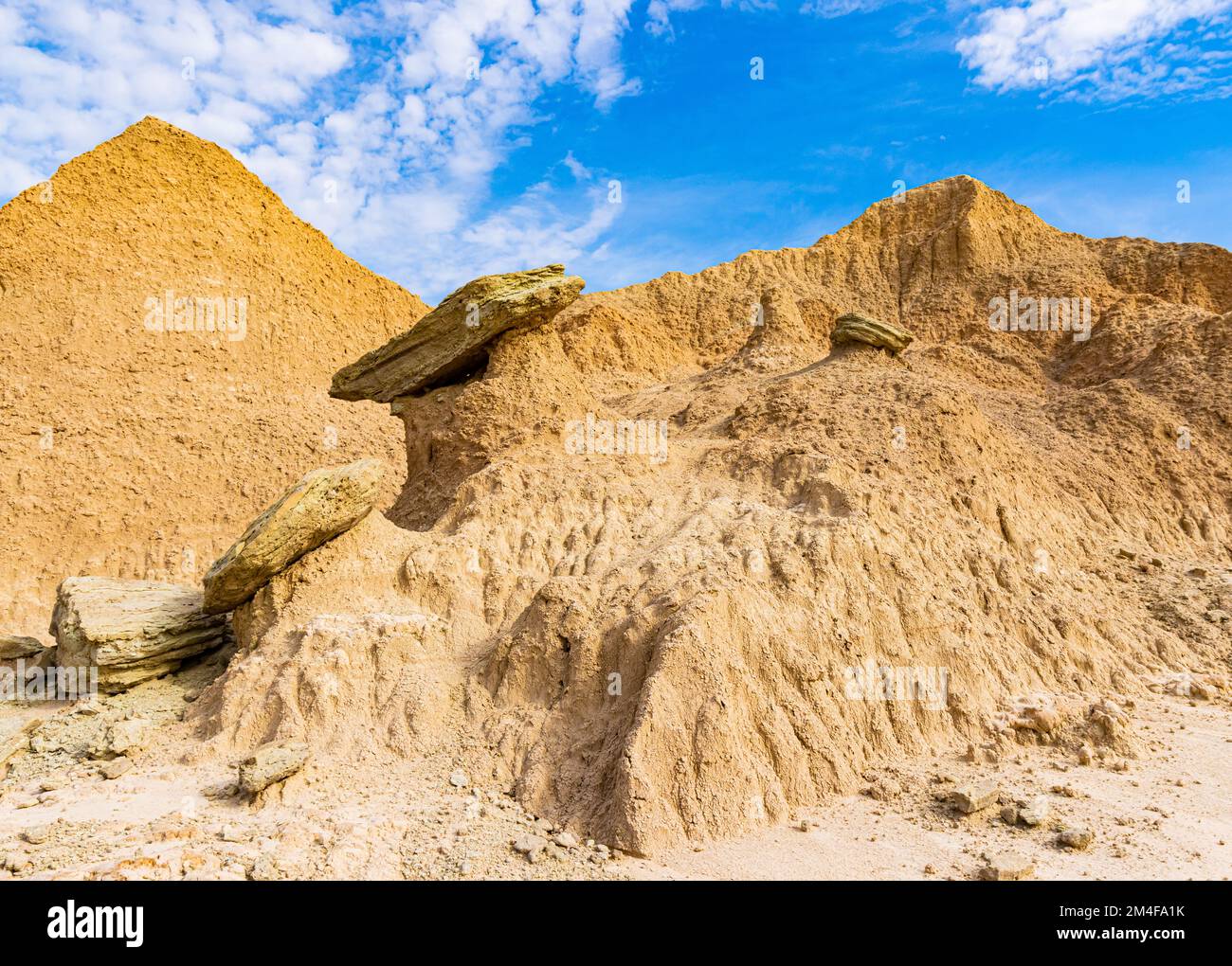 Remaining Capstones of Eroded Rock Formations on The Castle Trail,  Badlands National Park, South Dakota, USA Stock Photo