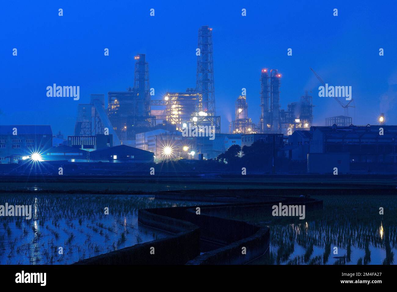 A night view of the industrial area with lighted constructions Stock ...