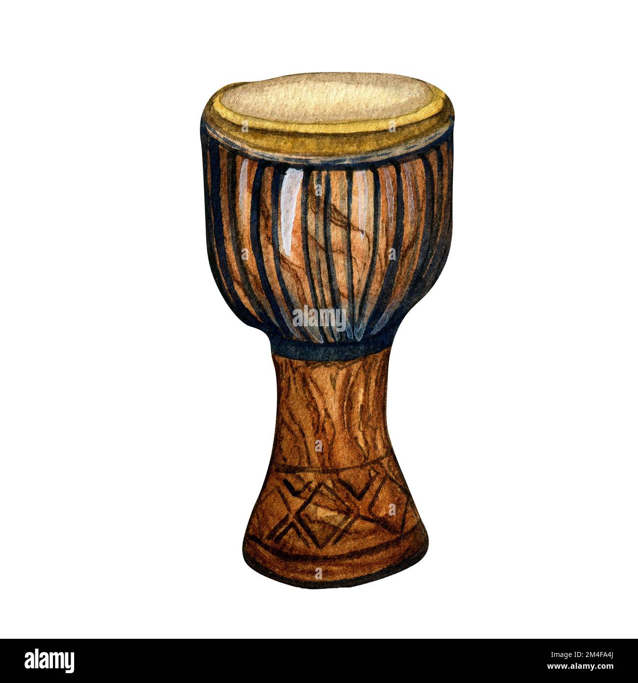 Djembe percussion musical instrument watercolor illustration isolated. Folk African instrument