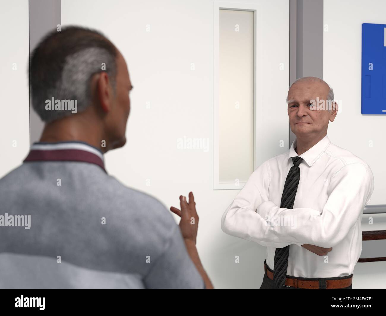 A senior aged man listens with arms crossed to another man explaining a ...