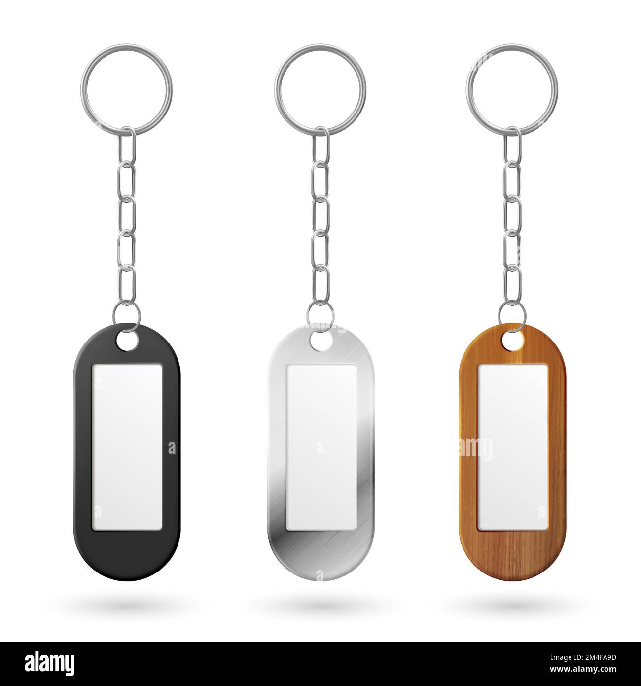 Keychain, holder trinket for key with metal chain and ring. Vector