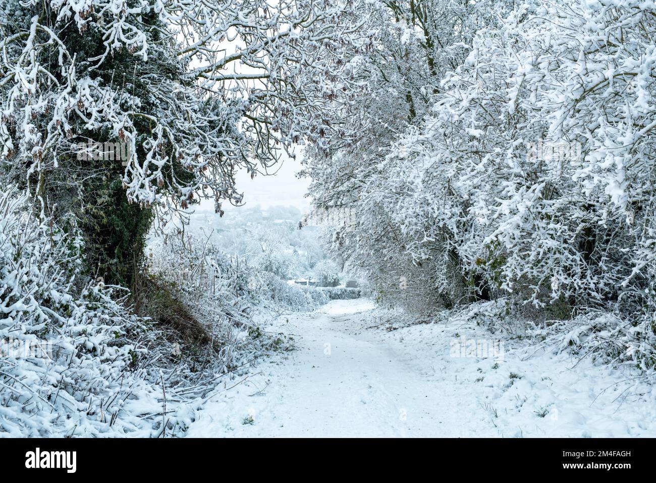 Cotswold way trail in the winter snow. Chipping Campden, Cotswolds