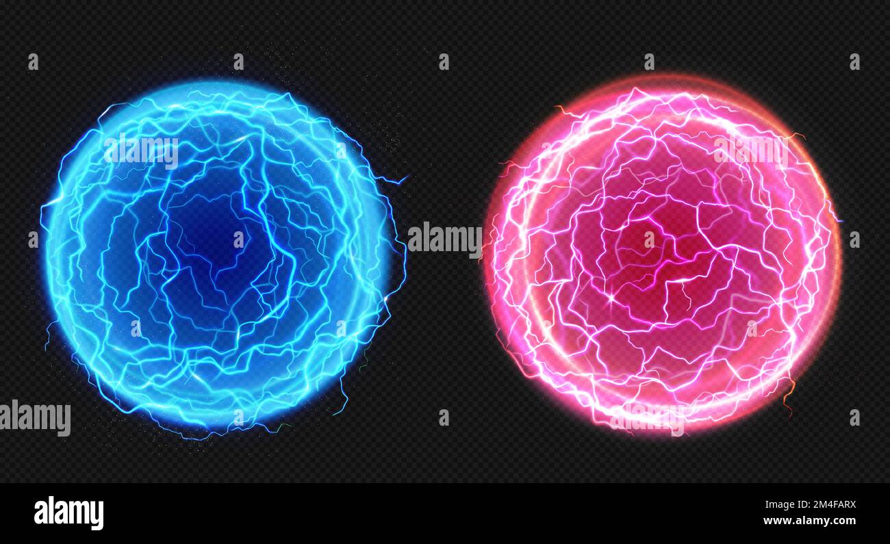 Electric balls, lightning circle strike, plasma spheres in blue and pink colors. Powerful electrical discharge, magical energy flash isolated on transparent background Realistic 3d vector illustration Stock Vector