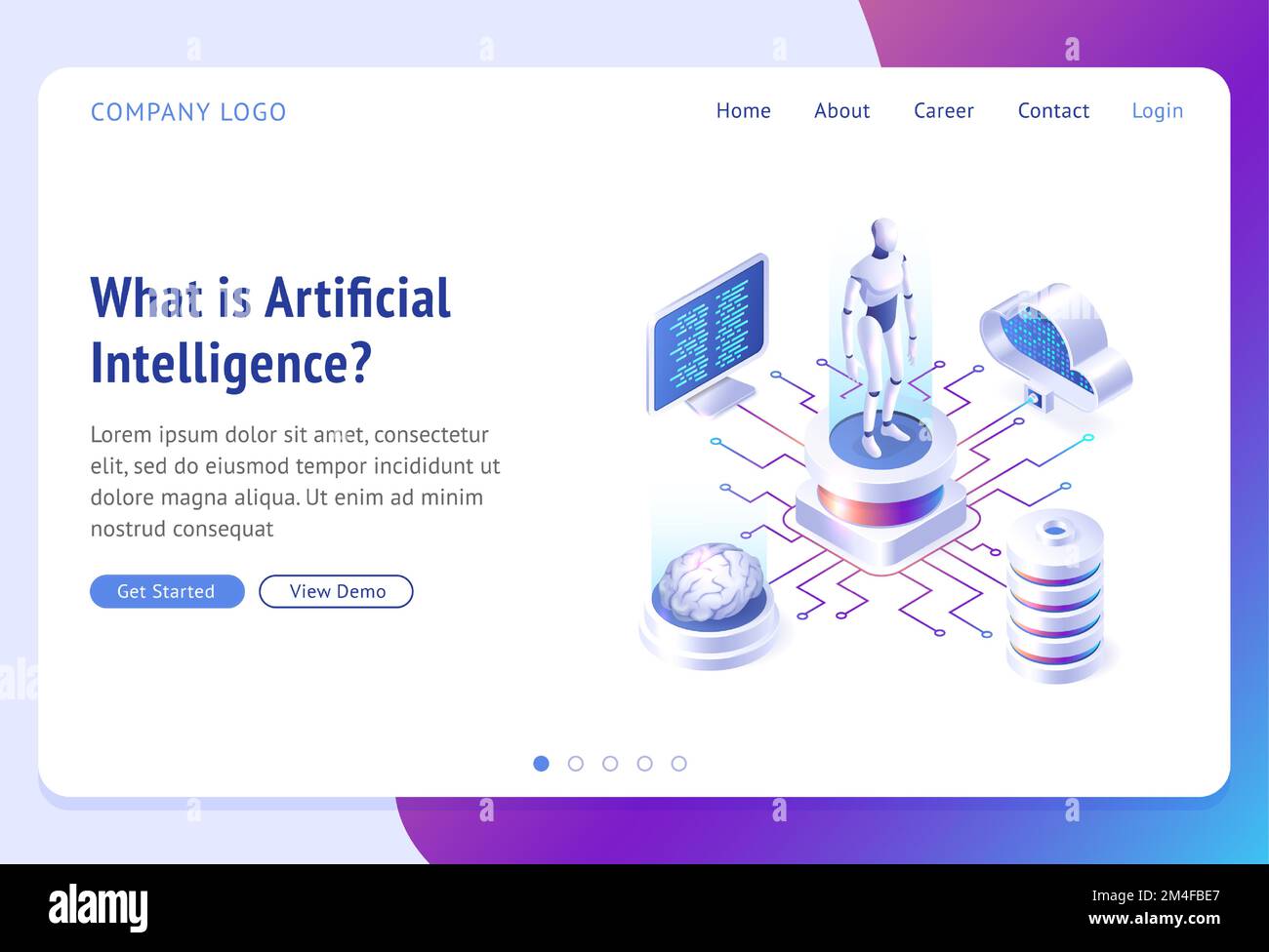 Ai, artificial intelligence isometric landing page. Cyborg surrounded ...