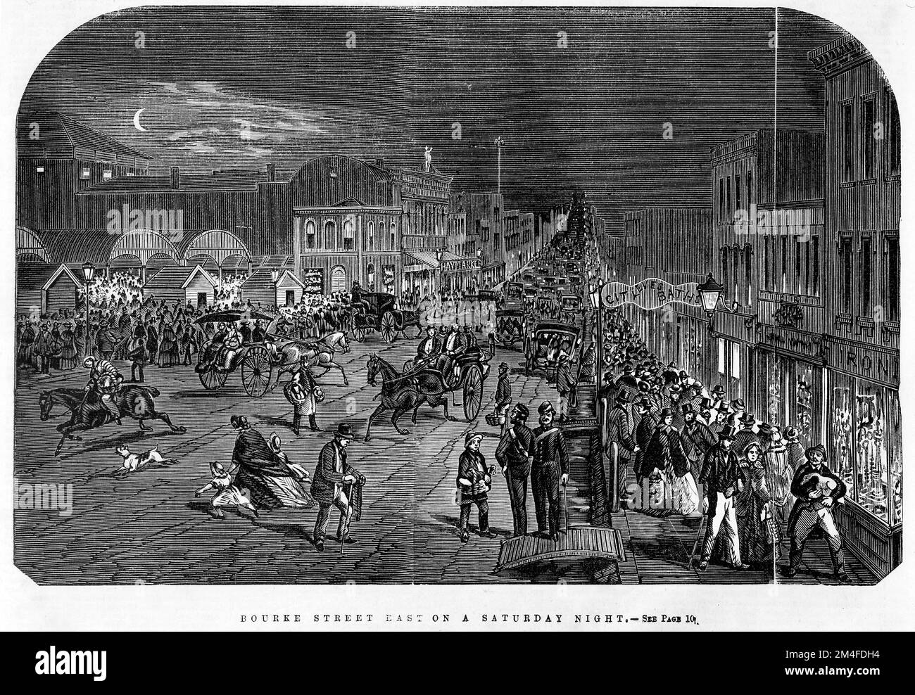Bourke Street East in Melbourne On A Saturday Night in 1863. Shows a very crowded Bourke Street, with carriages and families. Stock Photo