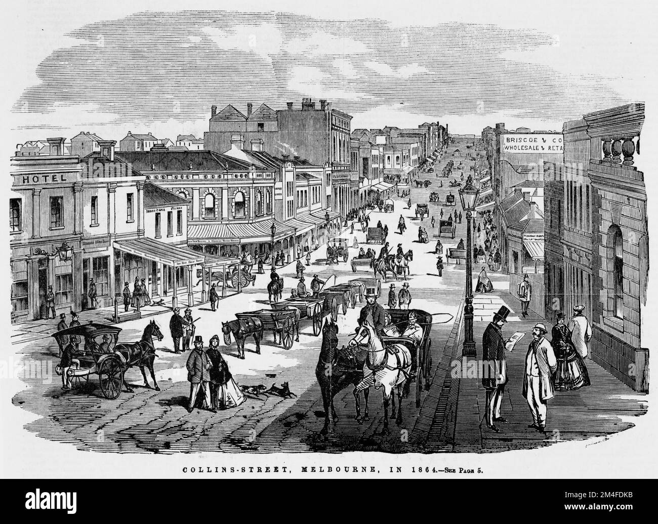 Collins Street, Melbourne in 1864. Shows view of street looking west, with streetscape including horsedrawn vehicles, pedestrians and Briscoe and Company building. Stock Photo