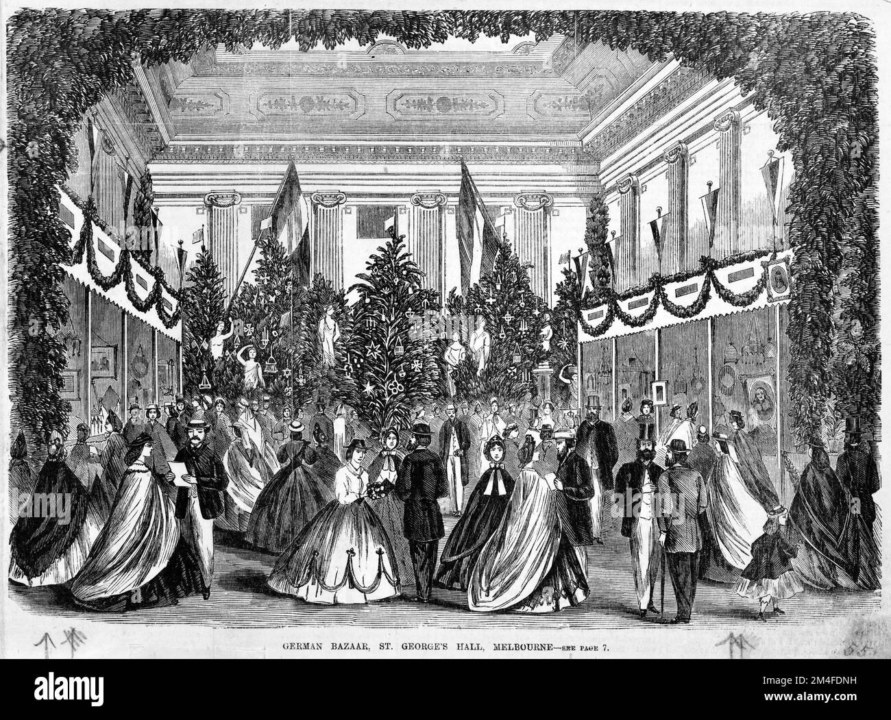 German Bazaar, St. George's Hall, Melbourne. Shows men and women inside hall. Paintings and goods dislayed around walls. 1865. Stock Photo