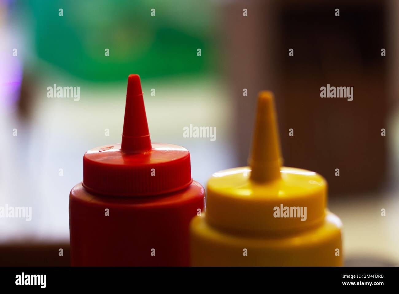 A closeup of ketchup & mustard bottles Stock Photo