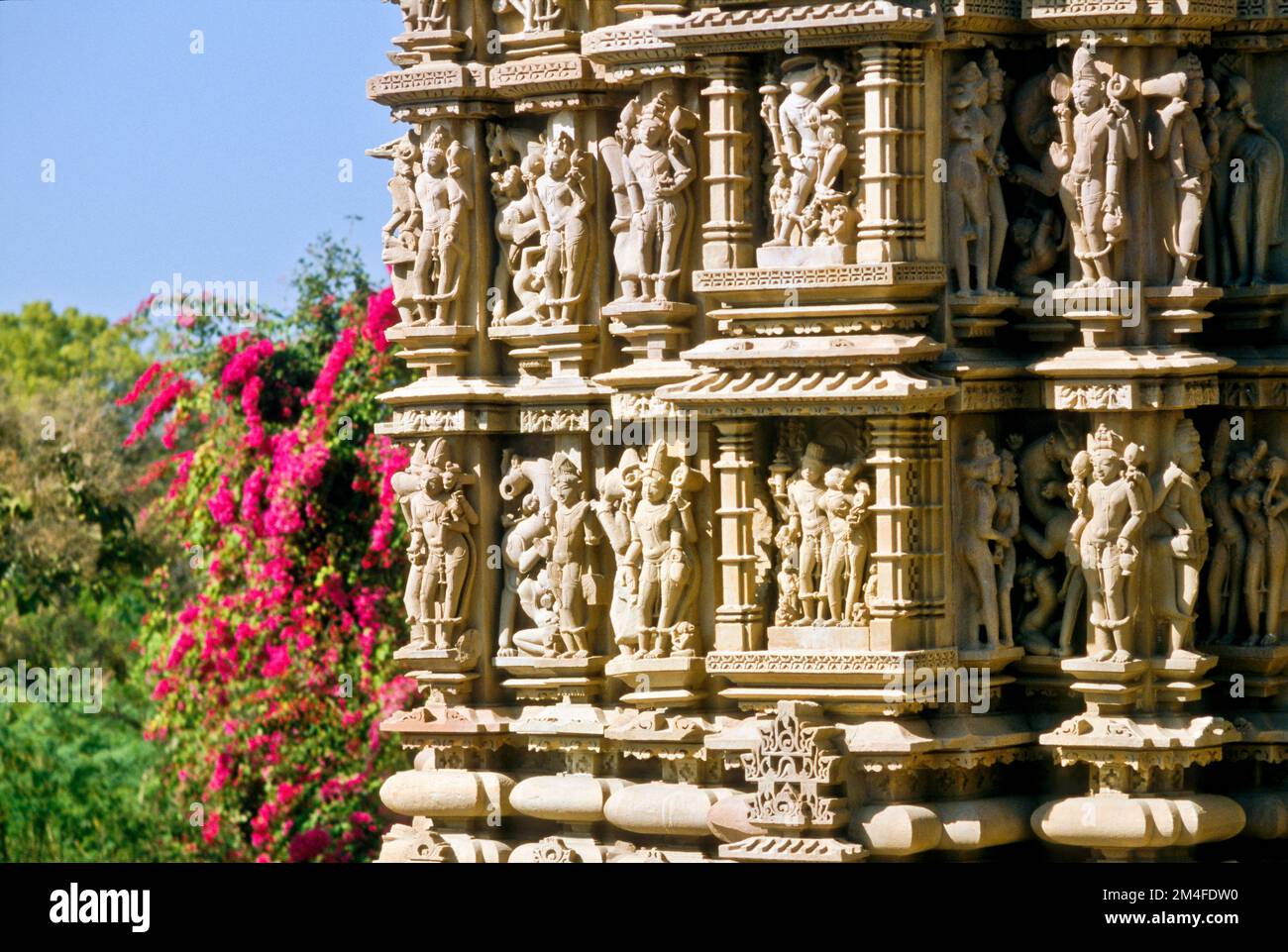 Amazing stonecarvings with scenes from Kamasutra make the Khajuraho-temples very special Stock Photo